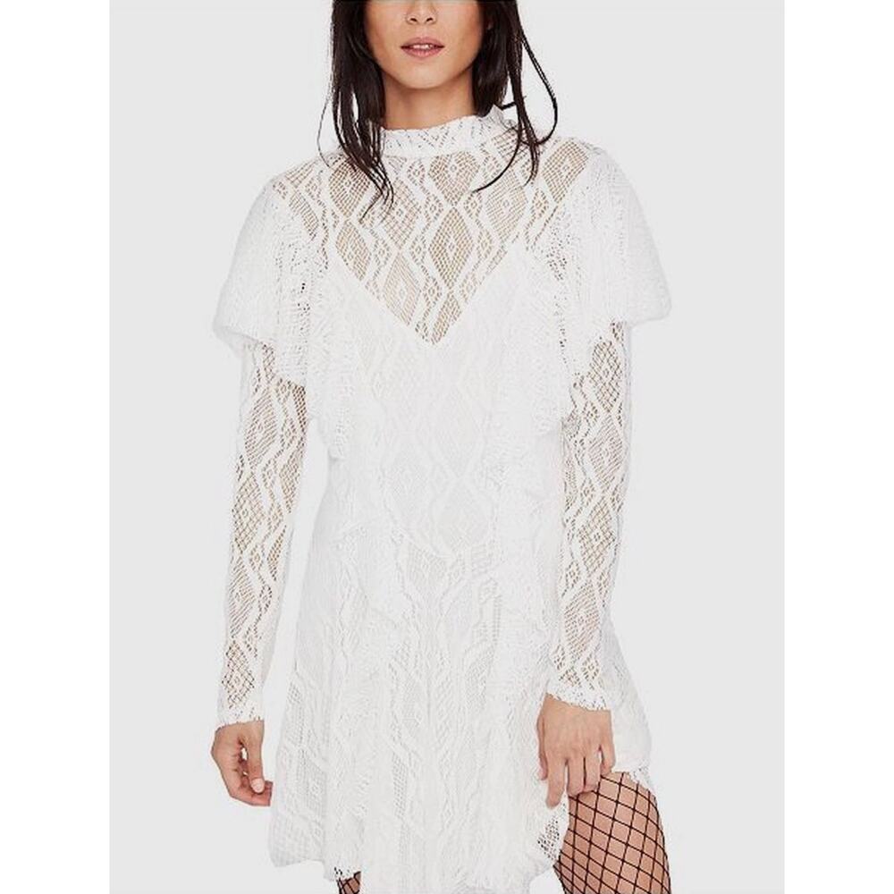 Free People Rock Candy Ivory White Lace Dress Long Sleeve Ruffle Mini Small NWT